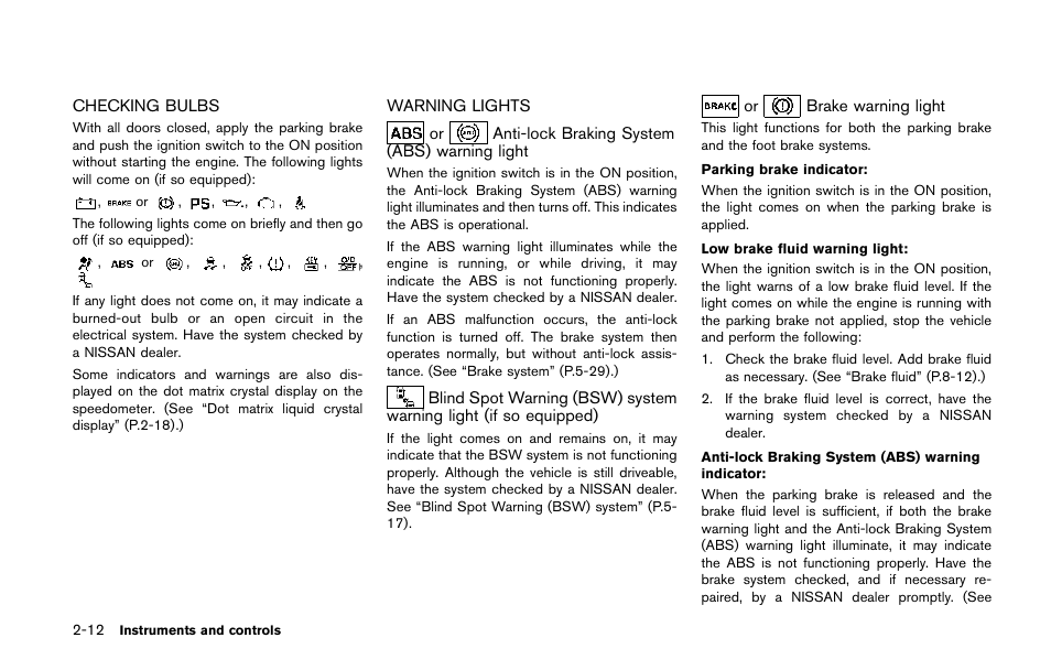 Checking bulbs -12 warning lights -12 | NISSAN 2014 Quest - Owner's Manual User Manual | Page 91 / 482