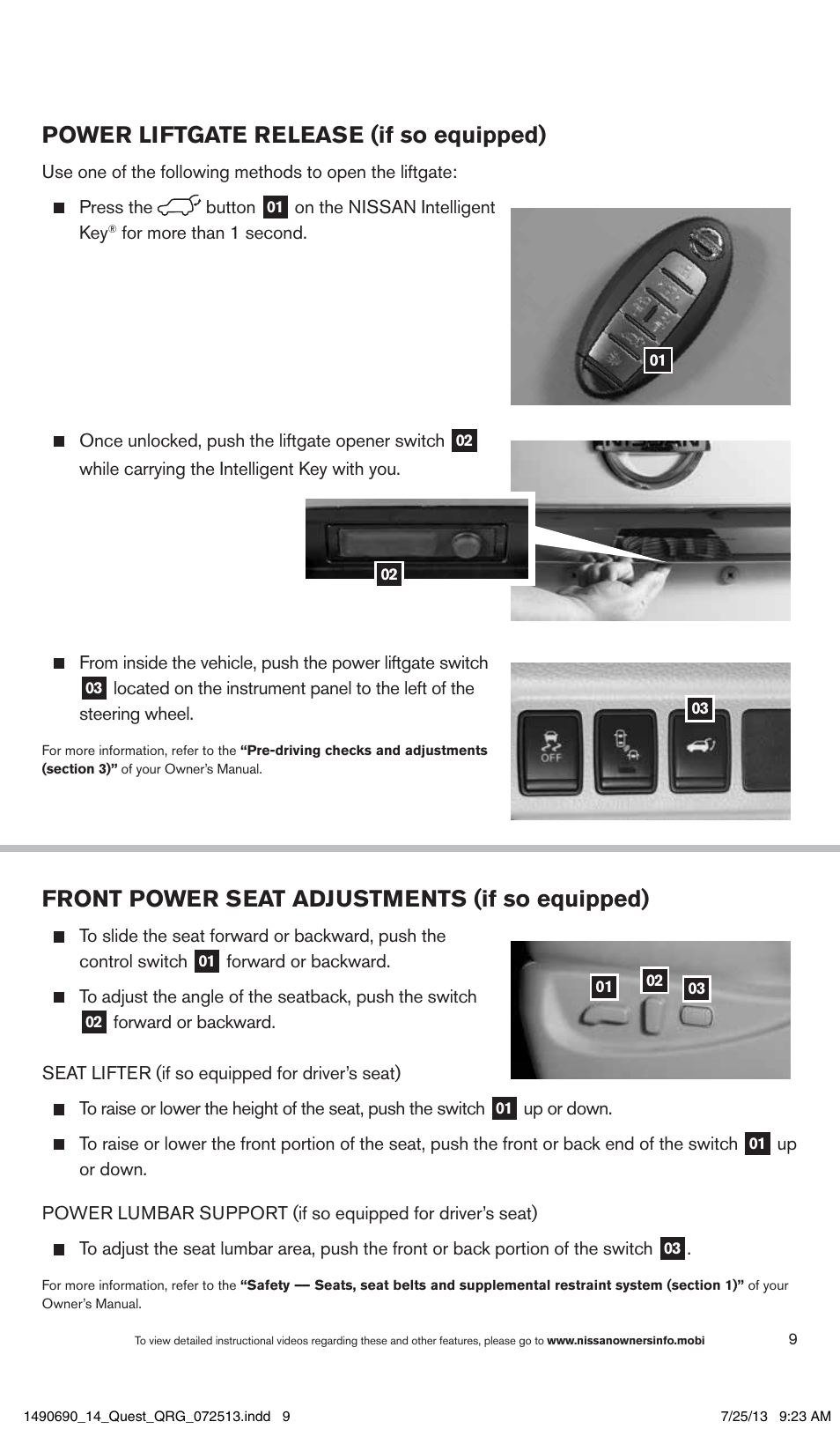 Front power seat adjustments (if so equipped), Power liftgate release (if so equipped) | NISSAN 2014 Quest - Quick Reference Guide User Manual | Page 11 / 32