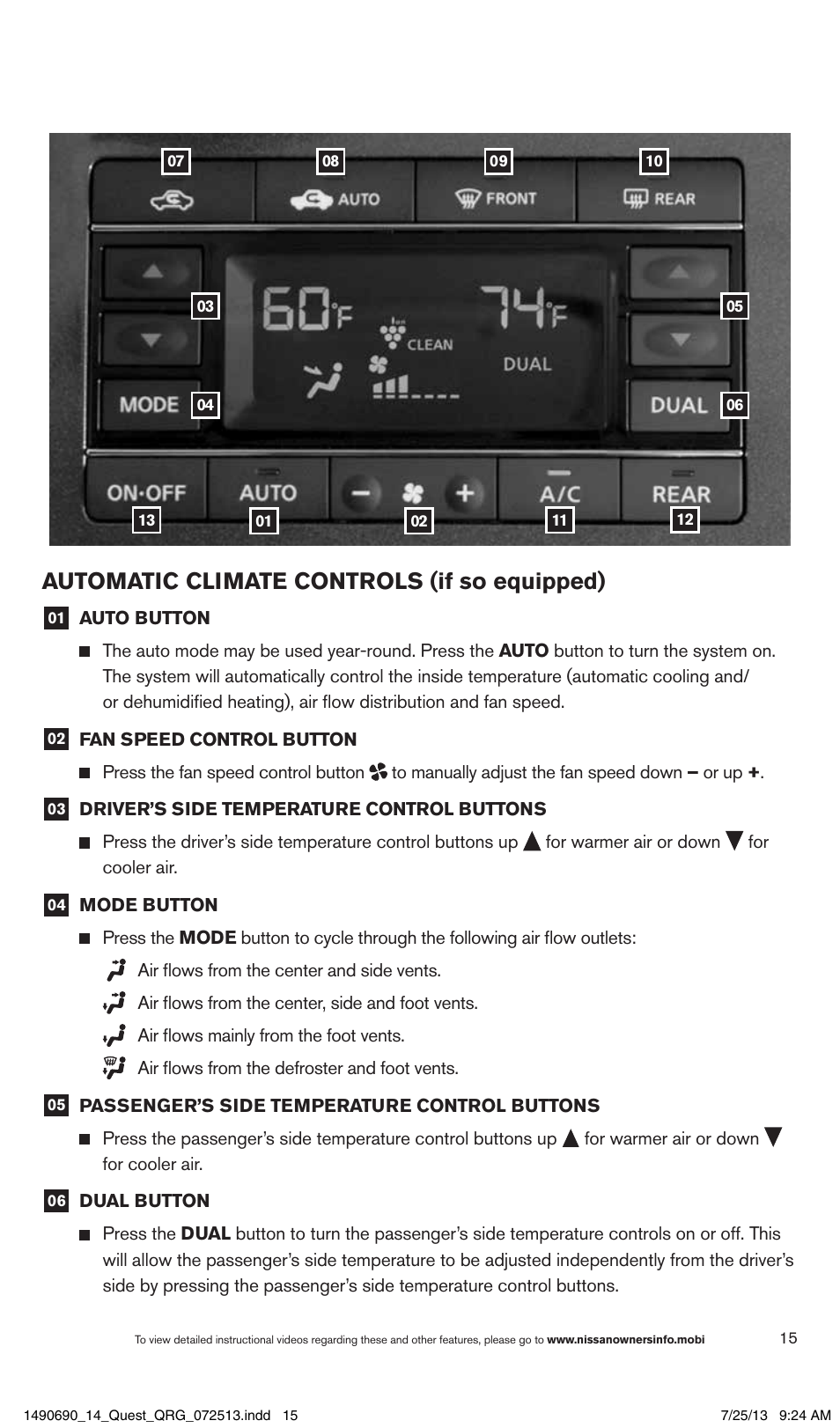 Automatic climate controls (if so equipped) | NISSAN 2014 Quest - Quick Reference Guide User Manual | Page 17 / 32