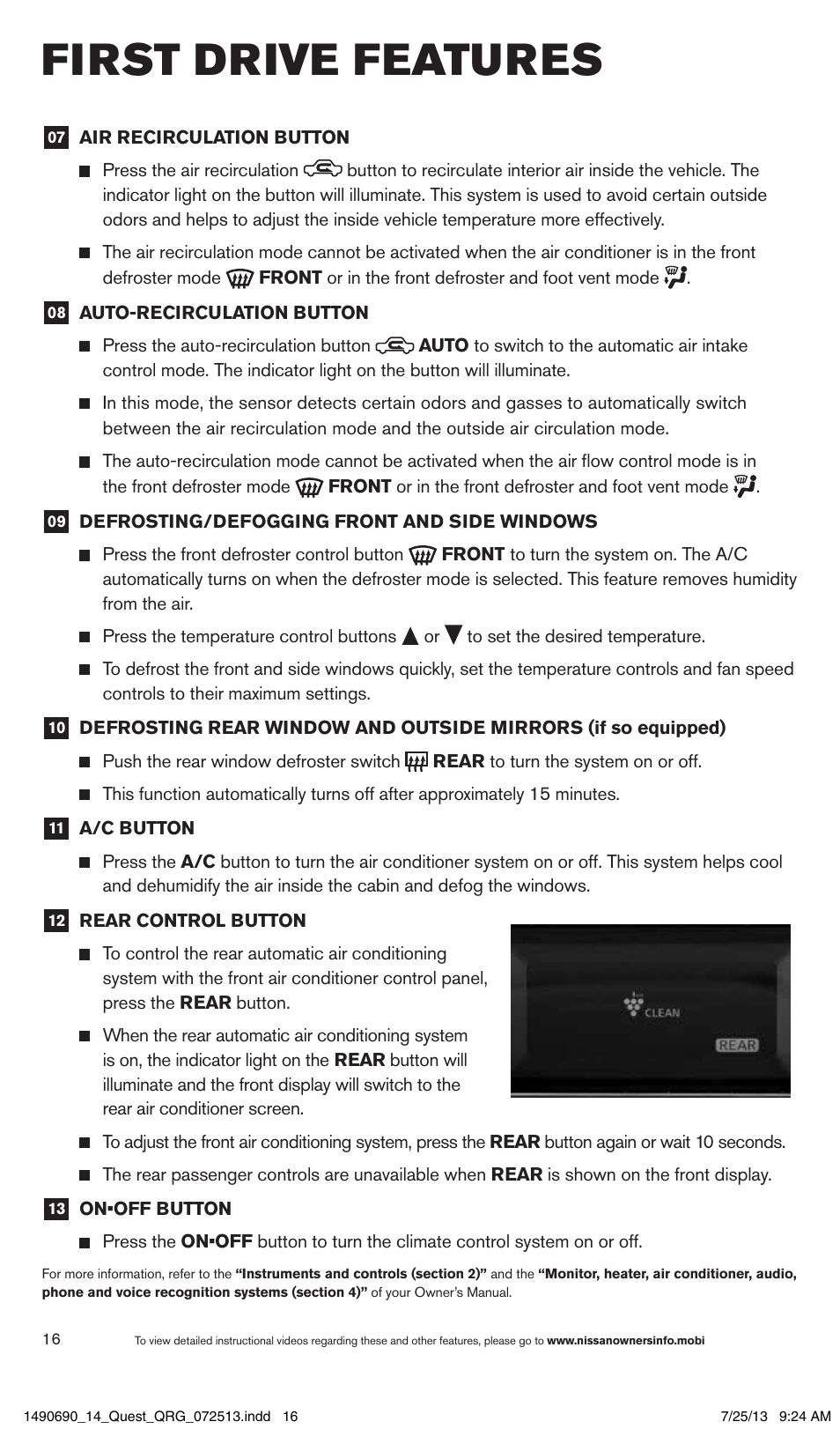 First drive features | NISSAN 2014 Quest - Quick Reference Guide User Manual | Page 18 / 32