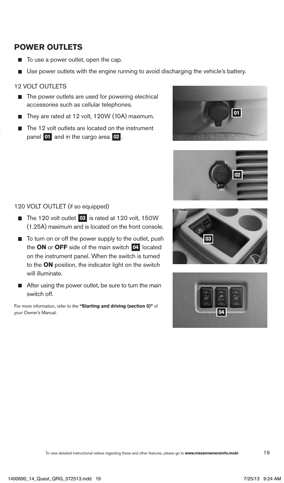 Power outlets | NISSAN 2014 Quest - Quick Reference Guide User Manual | Page 21 / 32