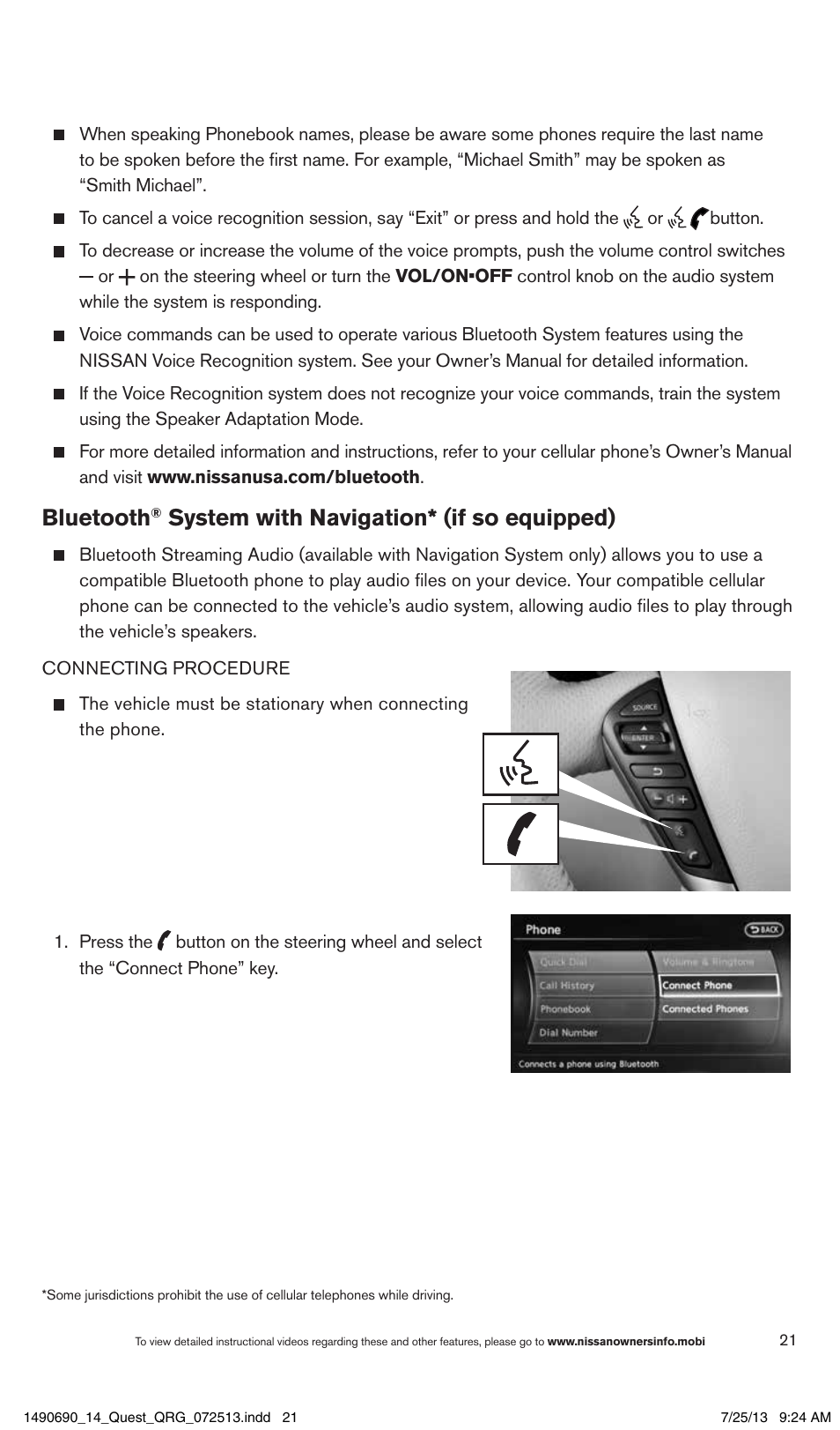 Bluetooth, System with navigation* (if so equipped) | NISSAN 2014 Quest - Quick Reference Guide User Manual | Page 23 / 32
