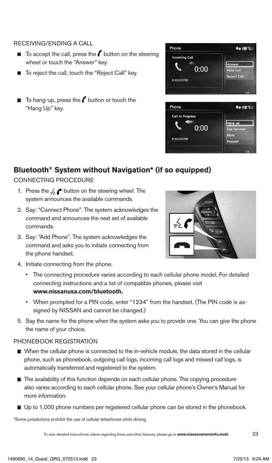 Bluetooth, System without navigation* (if so equipped) | NISSAN 2014 Quest - Quick Reference Guide User Manual | Page 25 / 32