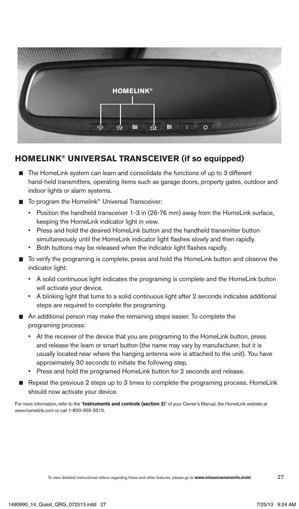 Homelink, Universal transceiver (if so equipped) | NISSAN 2014 Quest - Quick Reference Guide User Manual | Page 29 / 32