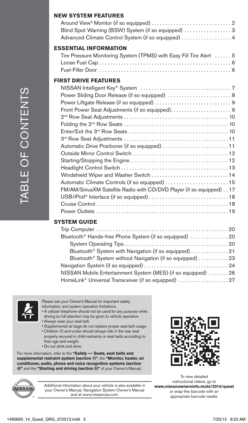 NISSAN 2014 Quest - Quick Reference Guide User Manual | Page 3 / 32