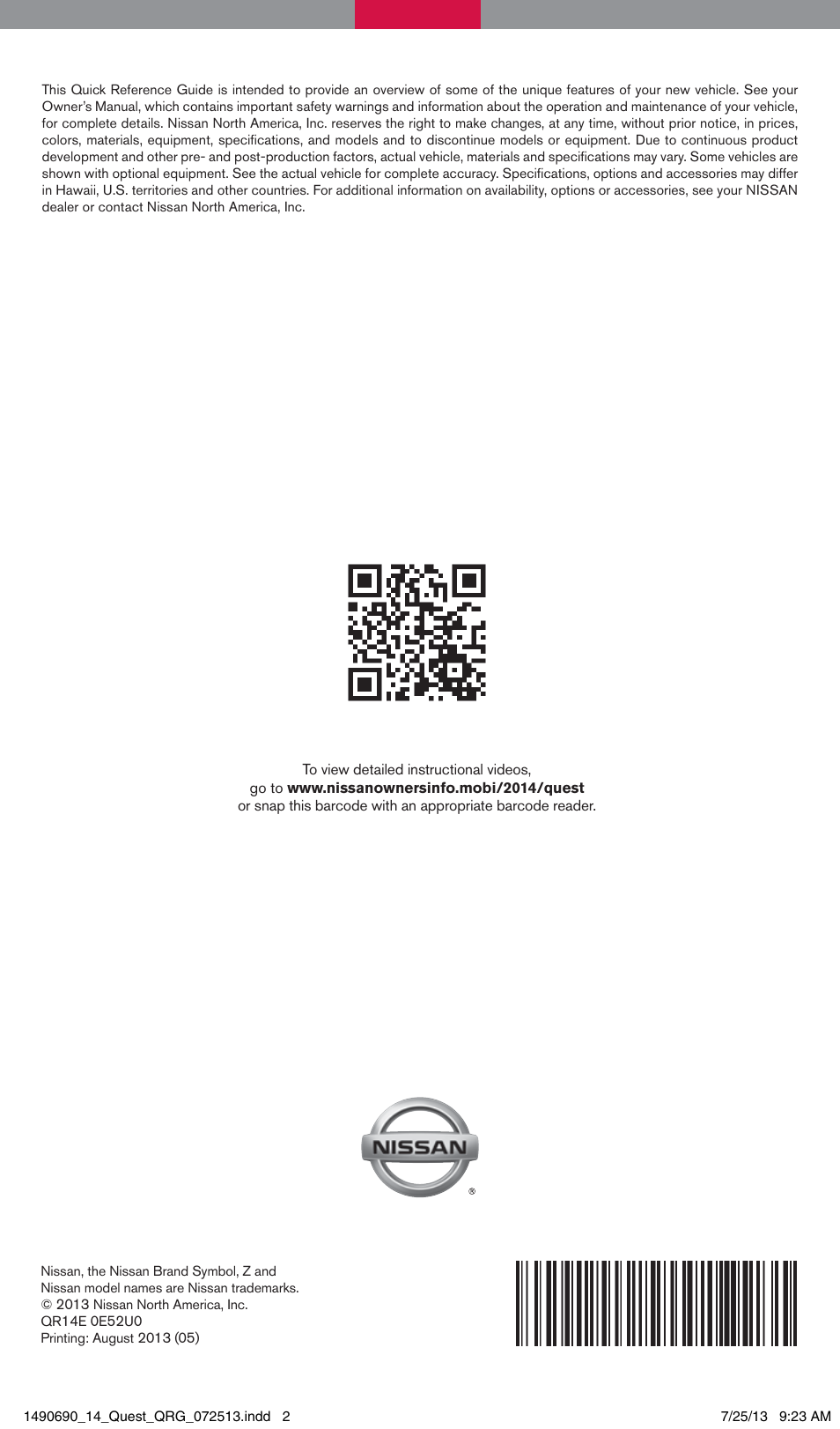 NISSAN 2014 Quest - Quick Reference Guide User Manual | Page 32 / 32