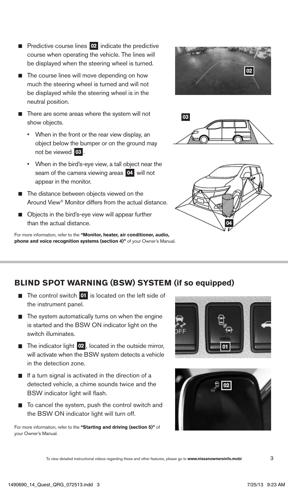 Blind spot warning (bsw) system (if so equipped) | NISSAN 2014 Quest - Quick Reference Guide User Manual | Page 5 / 32