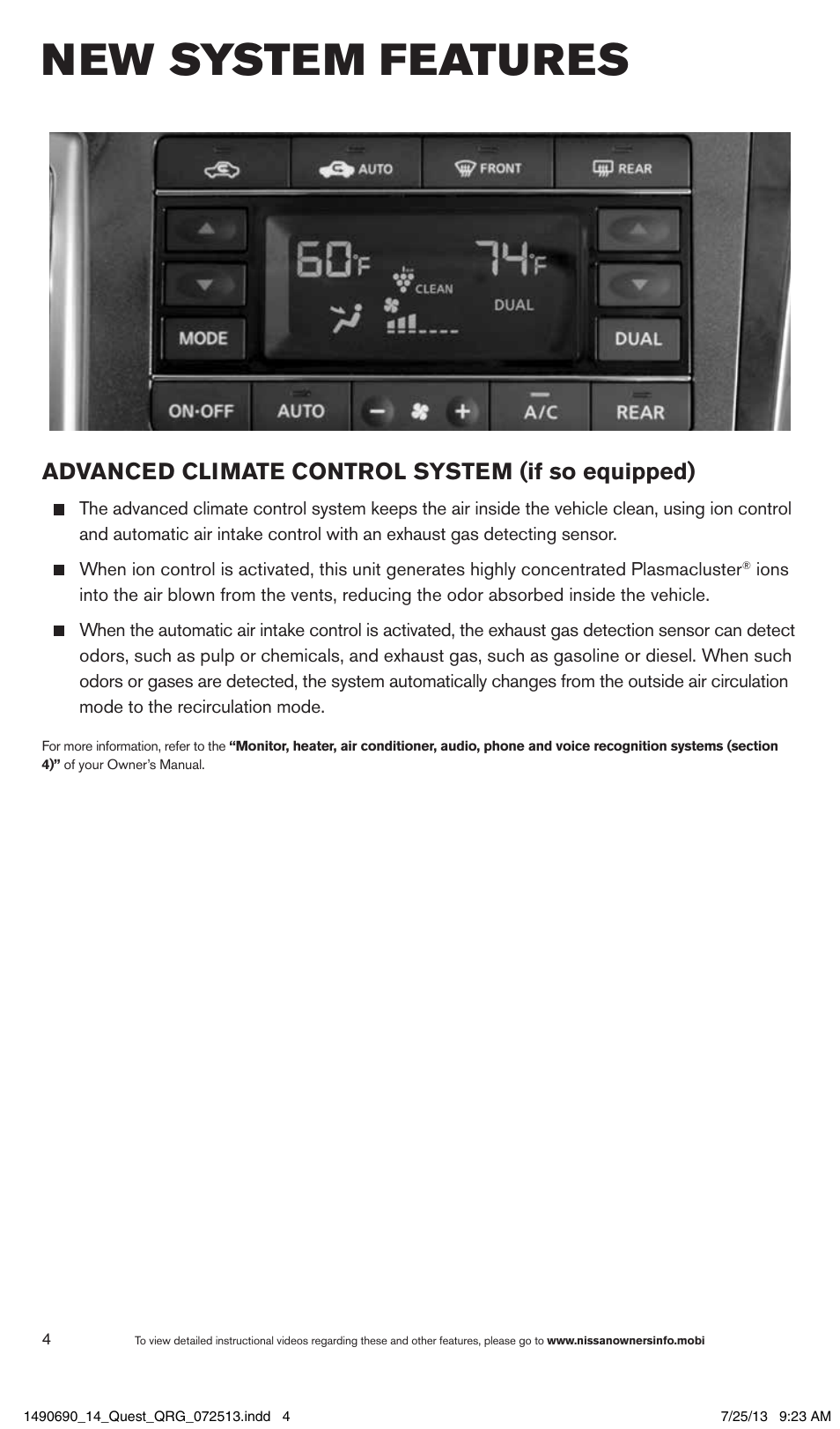 New system features, Advanced climate control system (if so equipped) | NISSAN 2014 Quest - Quick Reference Guide User Manual | Page 6 / 32