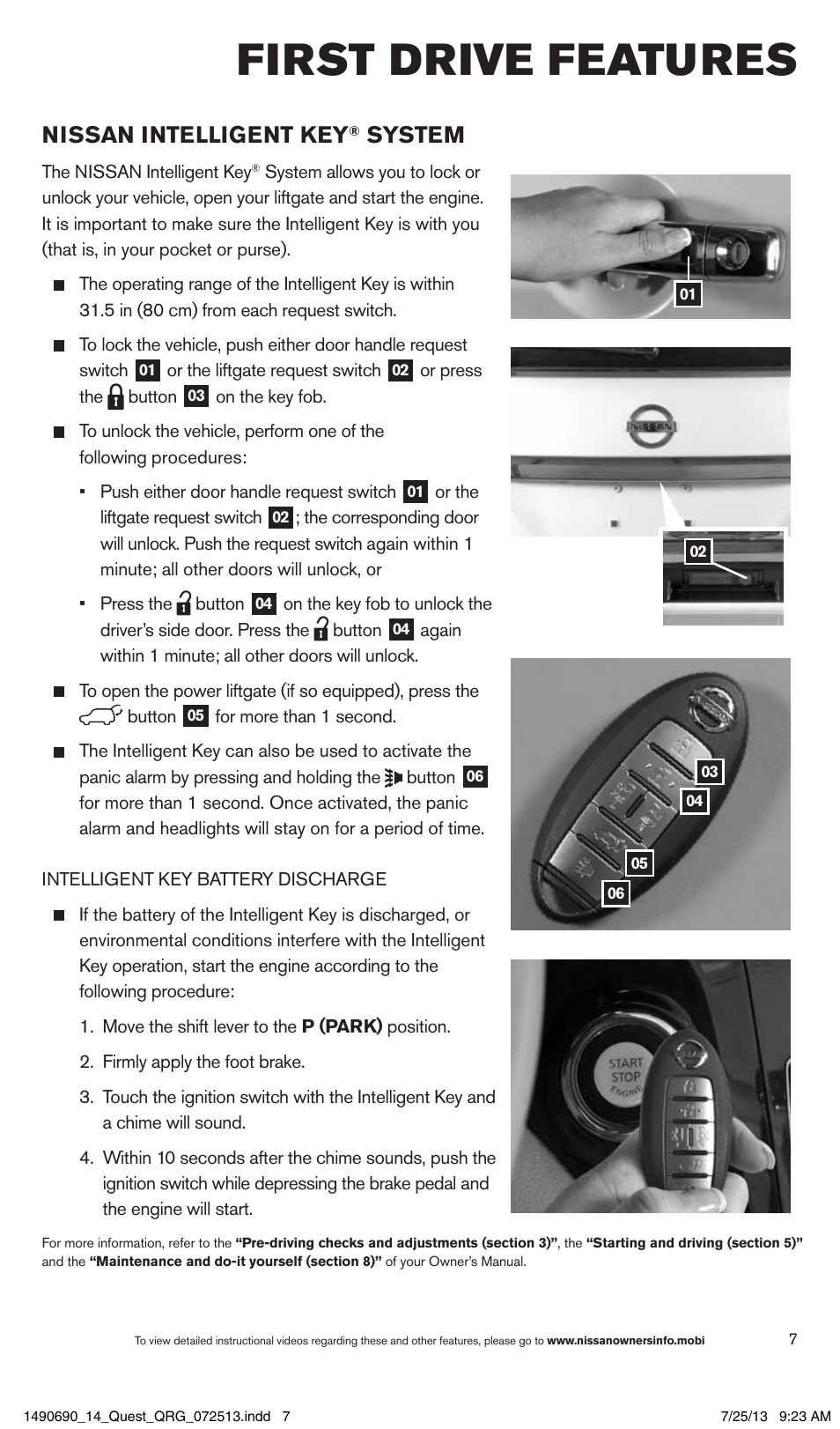 First drive features, Nissan intelligent key, System | NISSAN 2014 Quest - Quick Reference Guide User Manual | Page 9 / 32