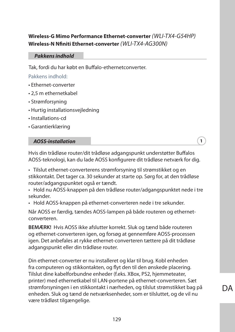 Dansk | Buffalo Technology WLI-TX4-AG300N User Manual | Page 129 / 154