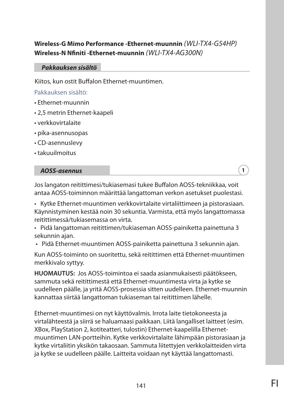 Suomi(finnish ) | Buffalo Technology WLI-TX4-AG300N User Manual | Page 141 / 154