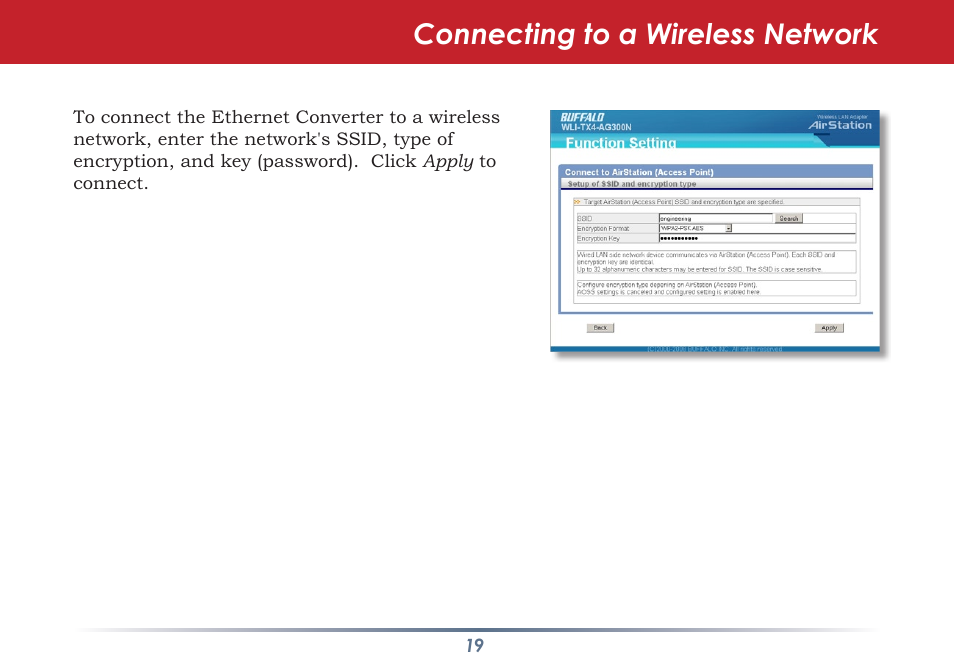 Connecting to a wireless network | Buffalo Technology WLI-TX4-AG300N User Manual | Page 19 / 154