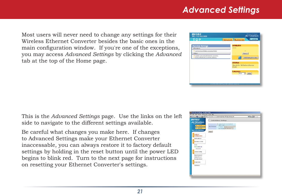Advanced settings | Buffalo Technology WLI-TX4-AG300N User Manual | Page 21 / 154