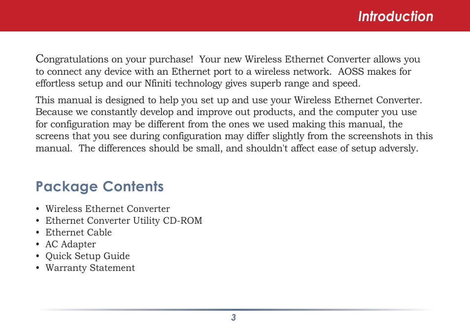 Introduction, Package contents | Buffalo Technology WLI-TX4-AG300N User Manual | Page 3 / 154