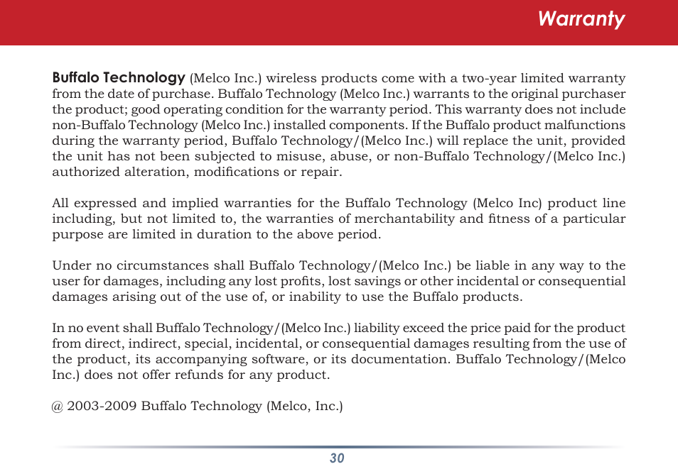Warranty | Buffalo Technology WLI-TX4-AG300N User Manual | Page 30 / 154