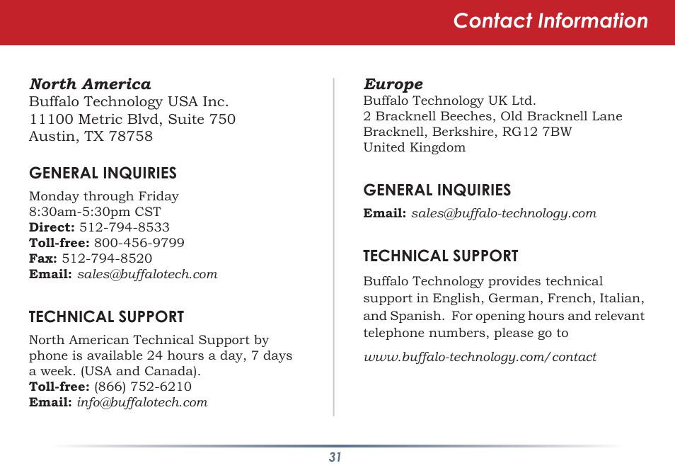 Contact information, North america, General inquiries | Technical support, Europe | Buffalo Technology WLI-TX4-AG300N User Manual | Page 31 / 154