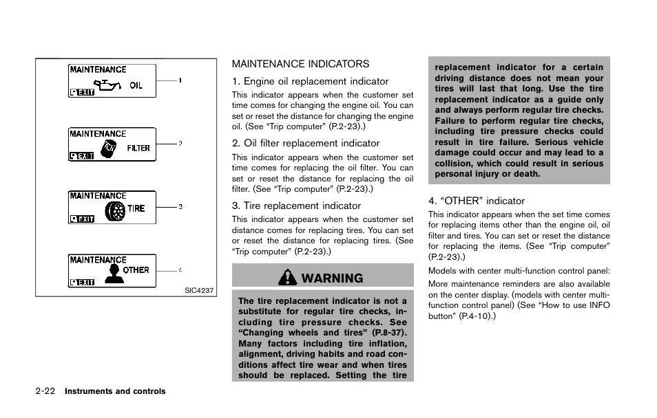 Maintenance indicators -22, Warning | NISSAN 2015 Quest - Owner's Manual User Manual | Page 103 / 492