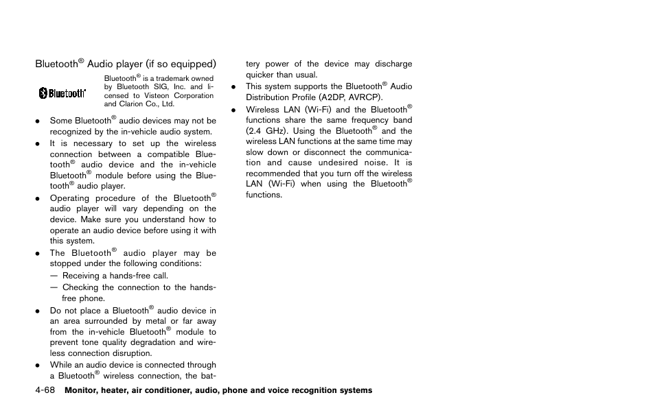 Bluetooth, Audio player (if so equipped) | NISSAN 2015 Quest - Owner's Manual User Manual | Page 251 / 492