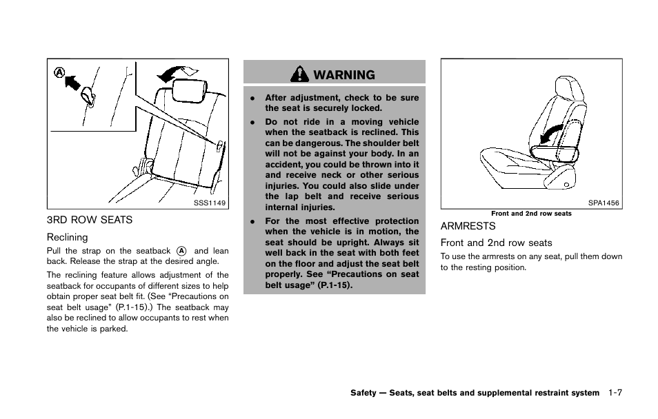 3rd row seats -7 armrests -7, Warning | NISSAN 2015 Quest - Owner's Manual User Manual | Page 26 / 492