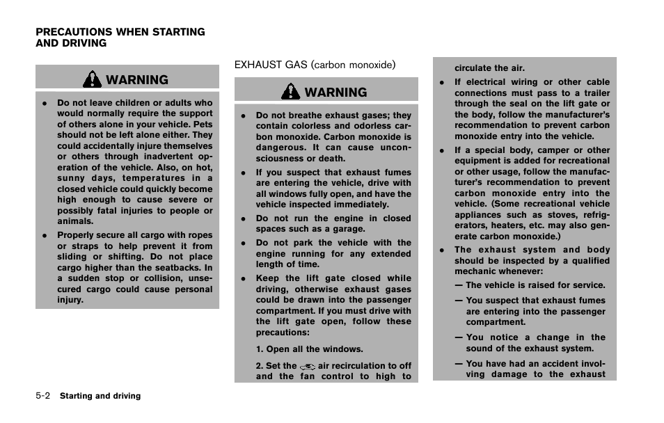 Precautions when starting and driving -2, Exhaust gas (carbon monoxide) -2, Warning | NISSAN 2015 Quest - Owner's Manual User Manual | Page 355 / 492