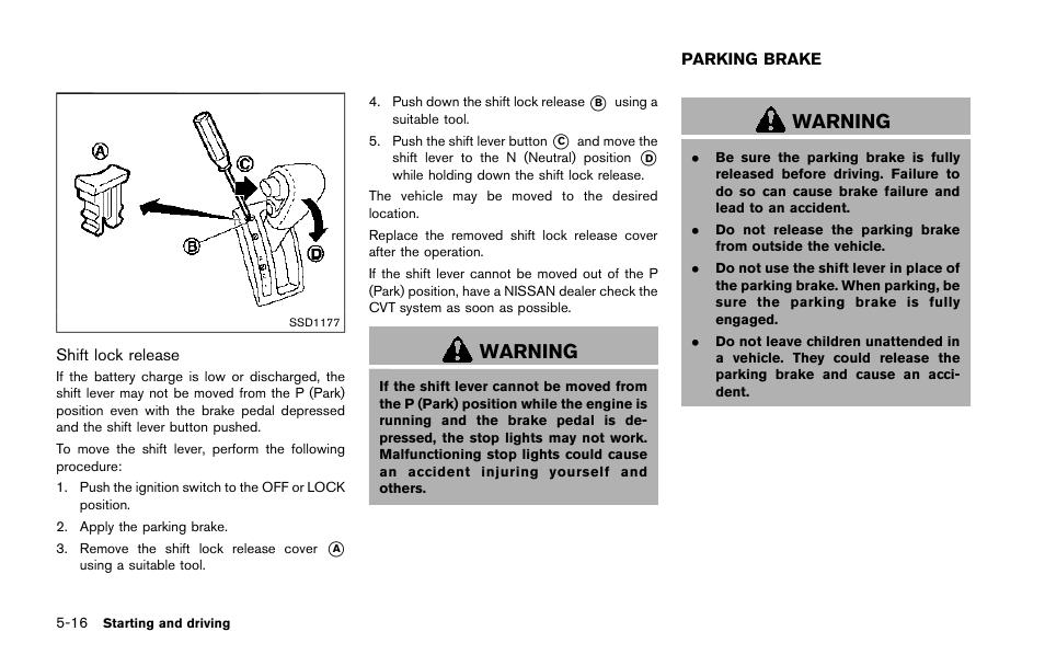 Parking brake -16, Warning | NISSAN 2015 Quest - Owner's Manual User Manual | Page 369 / 492