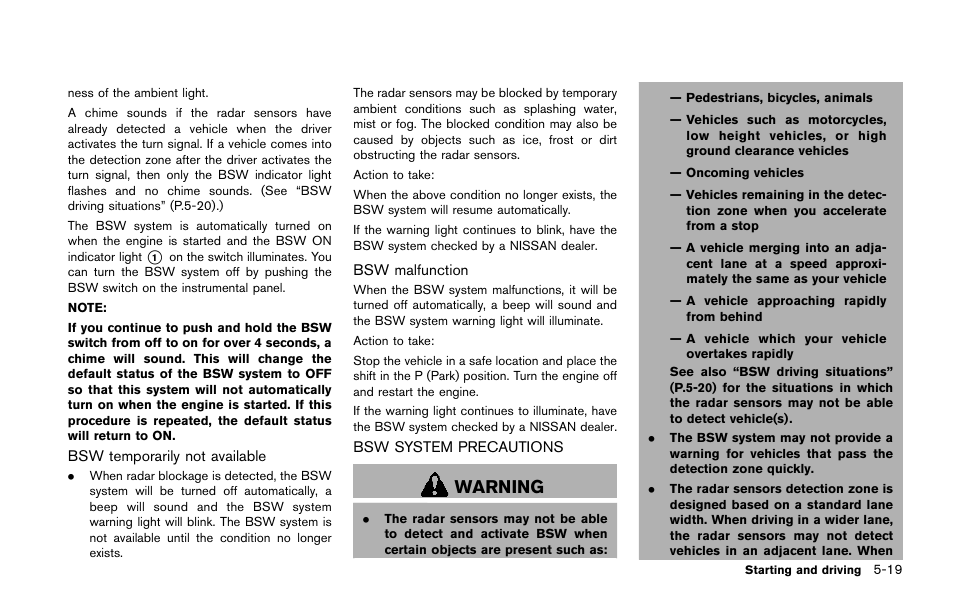 Bsw system precautions -19, Warning | NISSAN 2015 Quest - Owner's Manual User Manual | Page 372 / 492