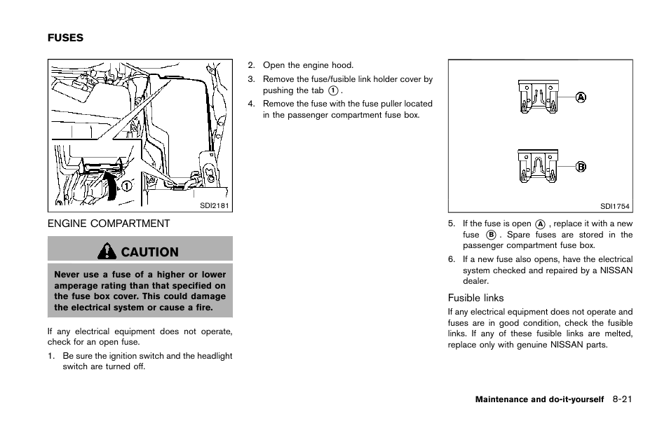 Fuses -21, Engine compartment -21, Caution | NISSAN 2015 Quest - Owner's Manual User Manual | Page 434 / 492