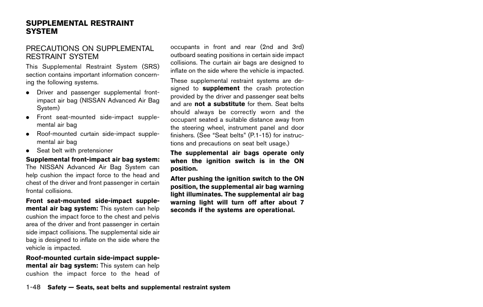 Supplemental restraint system -48, Precautions on supplemental restraint system -48 | NISSAN 2015 Quest - Owner's Manual User Manual | Page 67 / 492