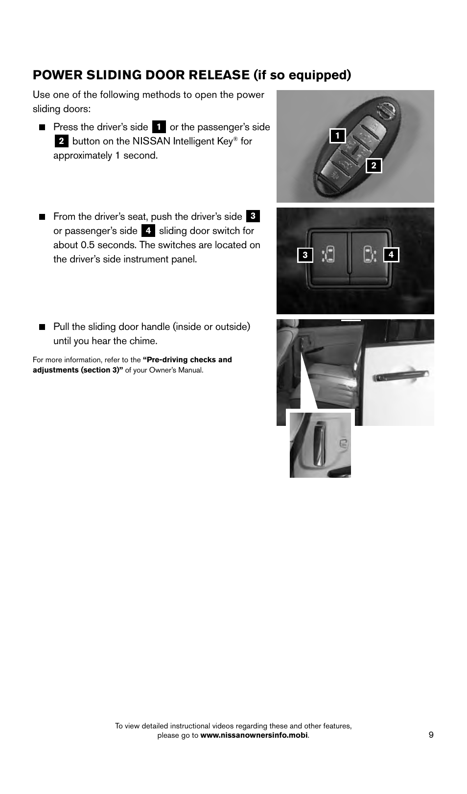 Power sliding door release (if so equipped) | NISSAN 2015 Quest - Quick Reference Guide User Manual | Page 11 / 32