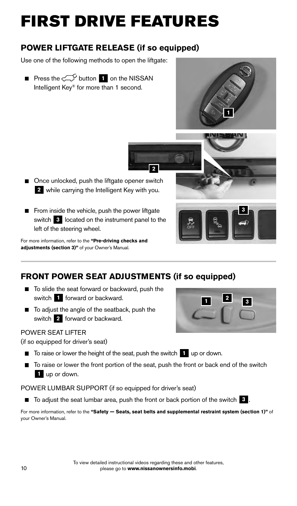 First drive features, Front power seat adjustments (if so equipped), Power liftgate release (if so equipped) | NISSAN 2015 Quest - Quick Reference Guide User Manual | Page 12 / 32