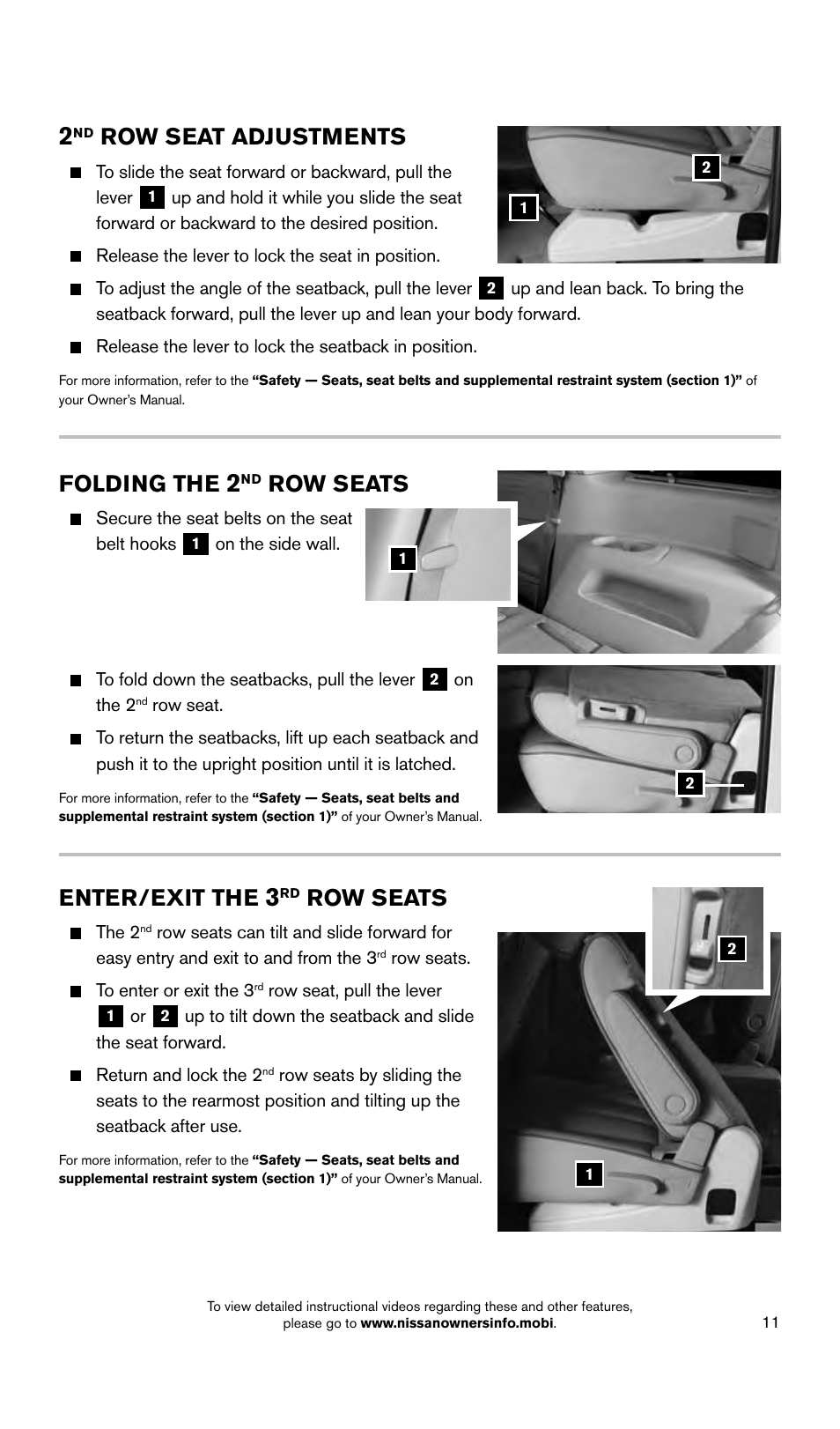 Folding the, Row seats, Row seat adjustments | Enter/exit the | NISSAN 2015 Quest - Quick Reference Guide User Manual | Page 13 / 32