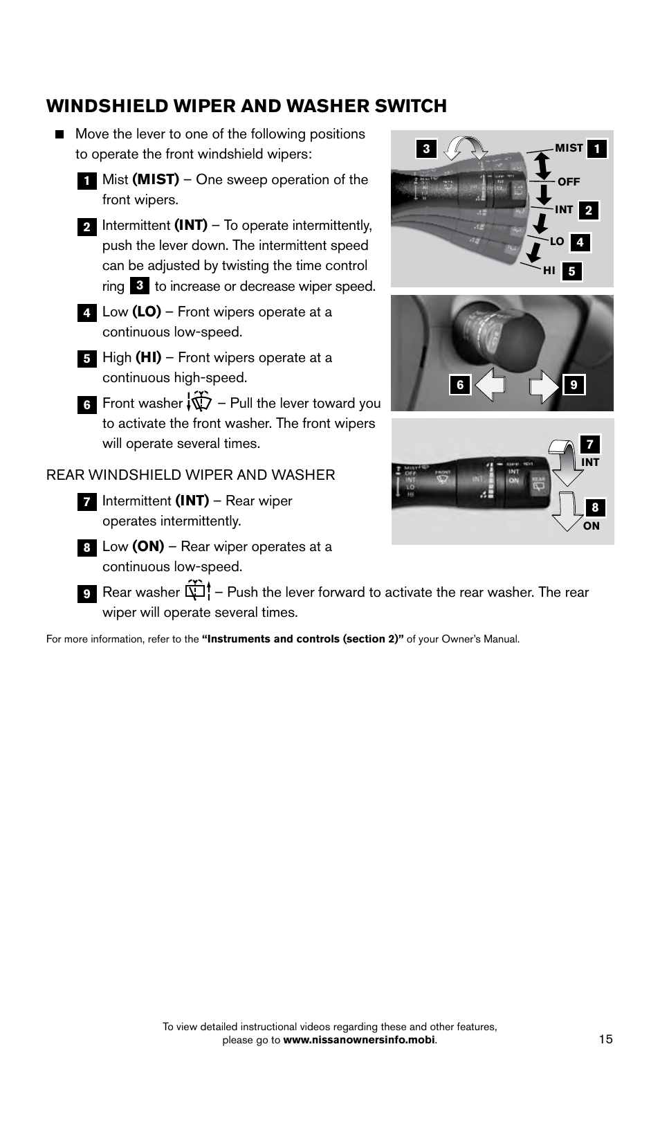 Windshield wiper and washer switch | NISSAN 2015 Quest - Quick Reference Guide User Manual | Page 17 / 32