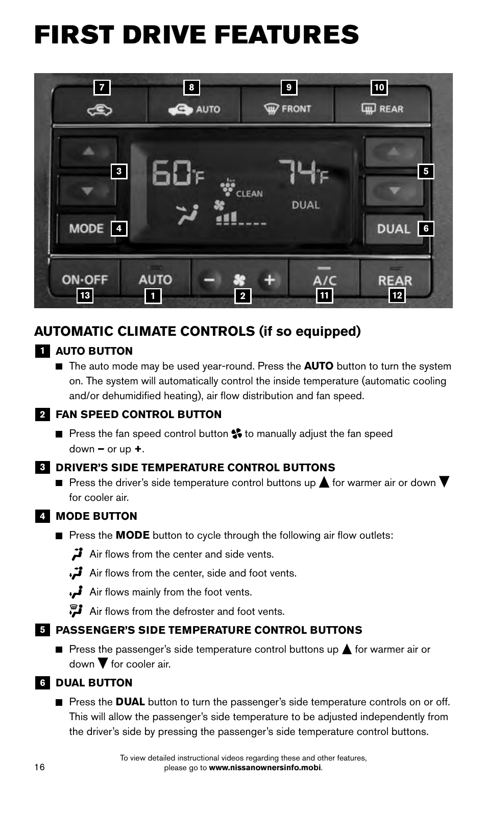 First drive features, Automatic climate controls (if so equipped) | NISSAN 2015 Quest - Quick Reference Guide User Manual | Page 18 / 32