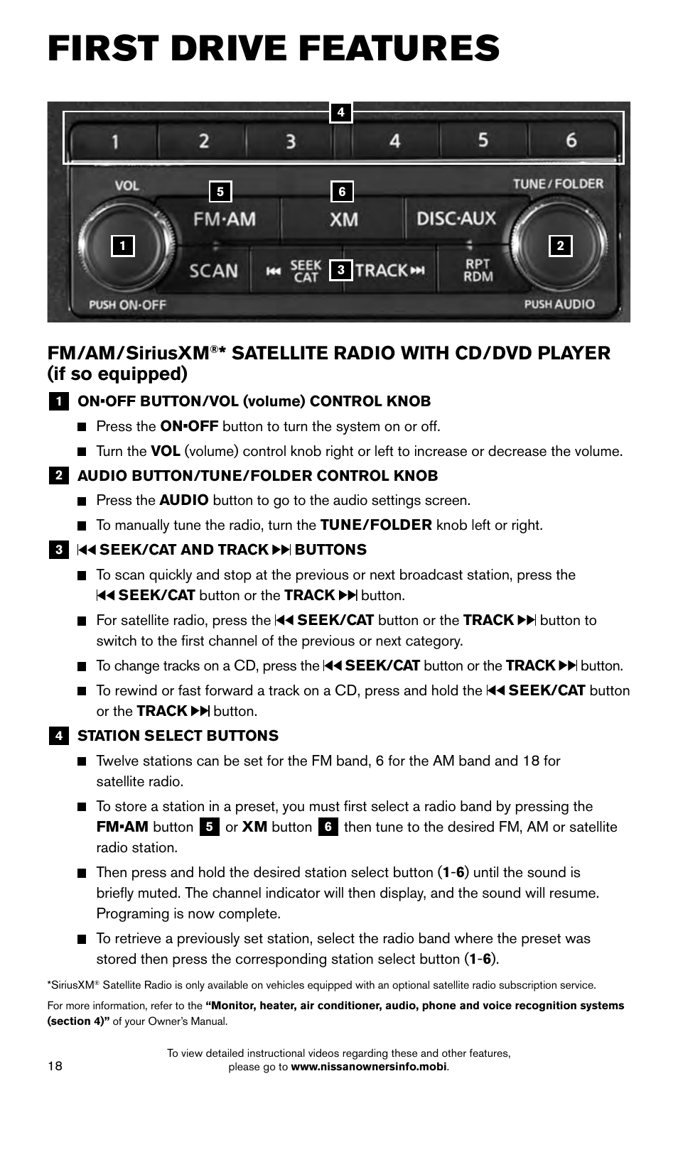 First drive features, Fm/am/siriusxm | NISSAN 2015 Quest - Quick Reference Guide User Manual | Page 20 / 32