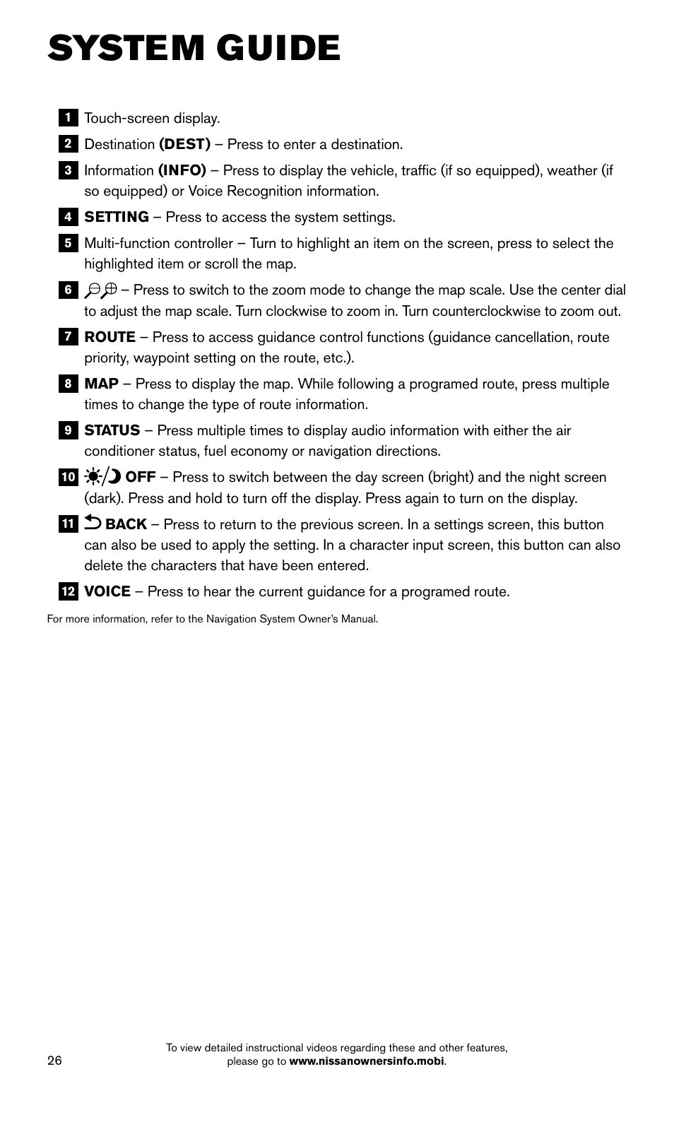 System guide | NISSAN 2015 Quest - Quick Reference Guide User Manual | Page 28 / 32