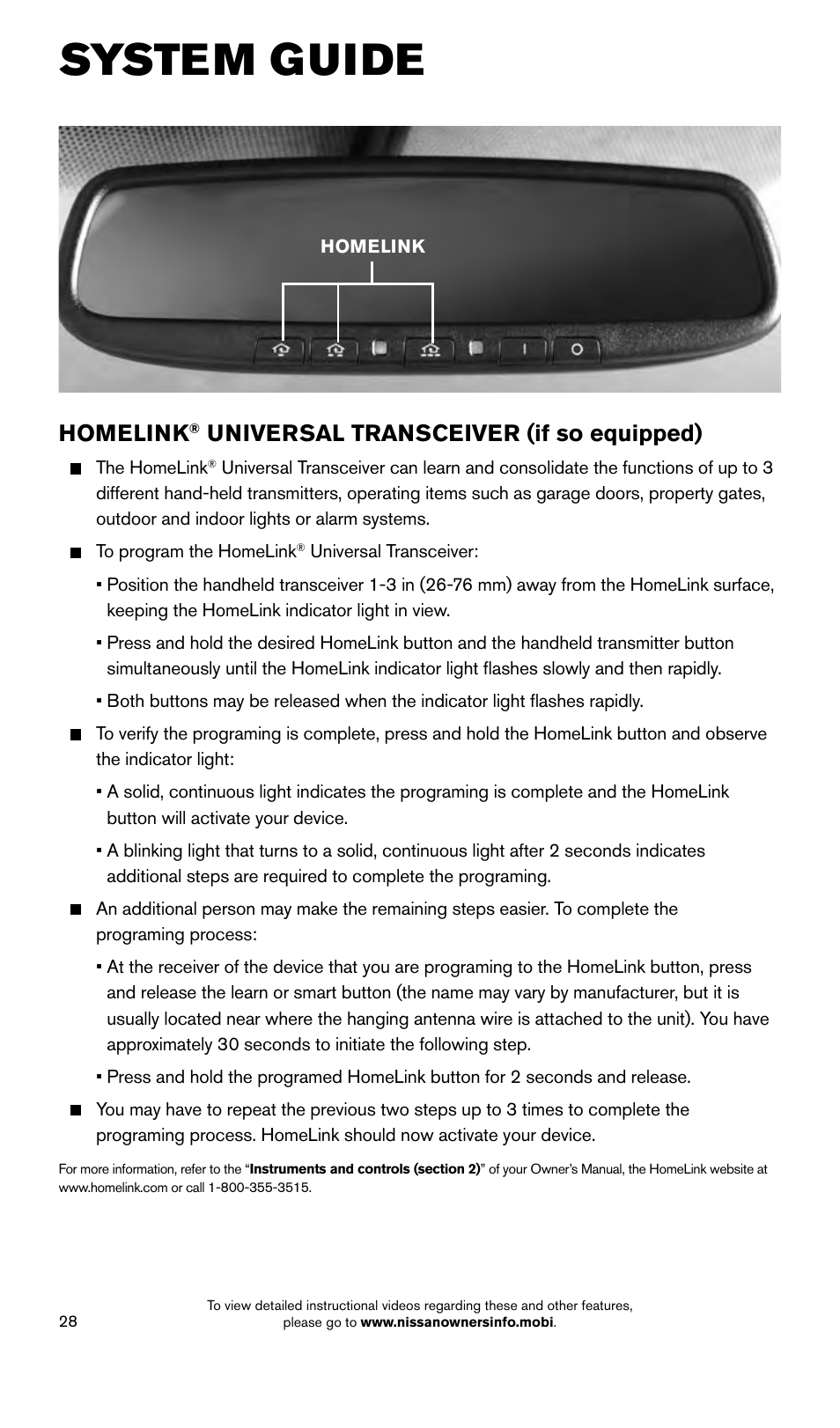 System guide, Homelink, Universal transceiver (if so equipped) | NISSAN 2015 Quest - Quick Reference Guide User Manual | Page 30 / 32
