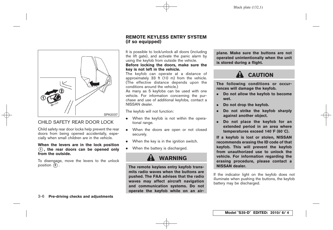 Child safety rear door lock -6, Remote keyless entry system (if so equipped) -6, Warning | Caution | NISSAN 2011 Rogue - Owner's Manual User Manual | Page 134 / 369