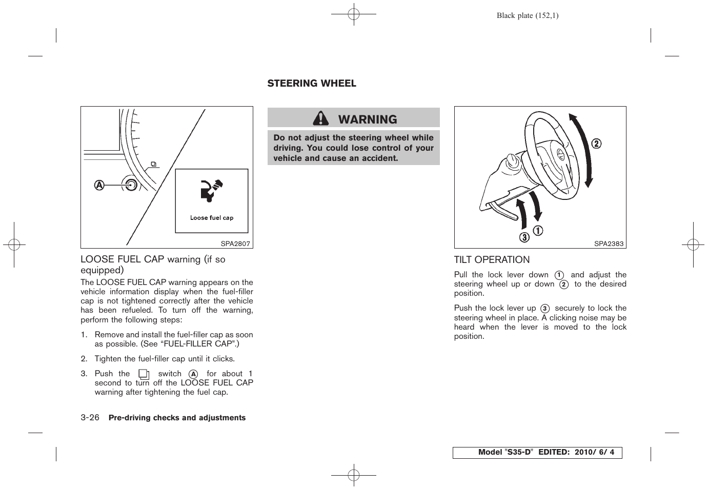 Steering wheel -26, Tilt operation -26, Warning | NISSAN 2011 Rogue - Owner's Manual User Manual | Page 154 / 369