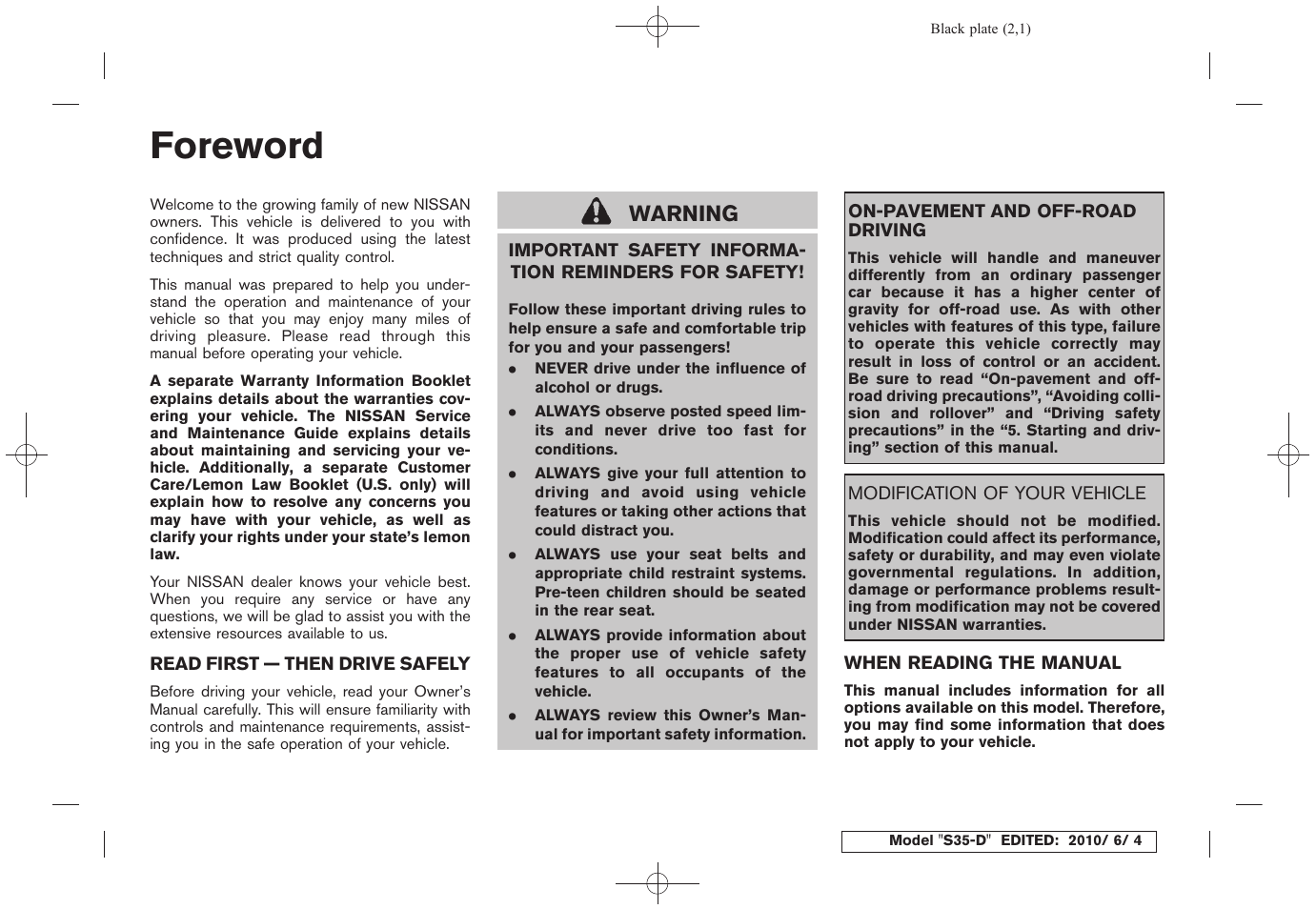 Foreword, Warning | NISSAN 2011 Rogue - Owner's Manual User Manual | Page 2 / 369