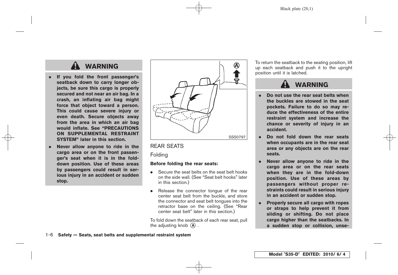 Rear seats -6, Warning | NISSAN 2011 Rogue - Owner's Manual User Manual | Page 22 / 369