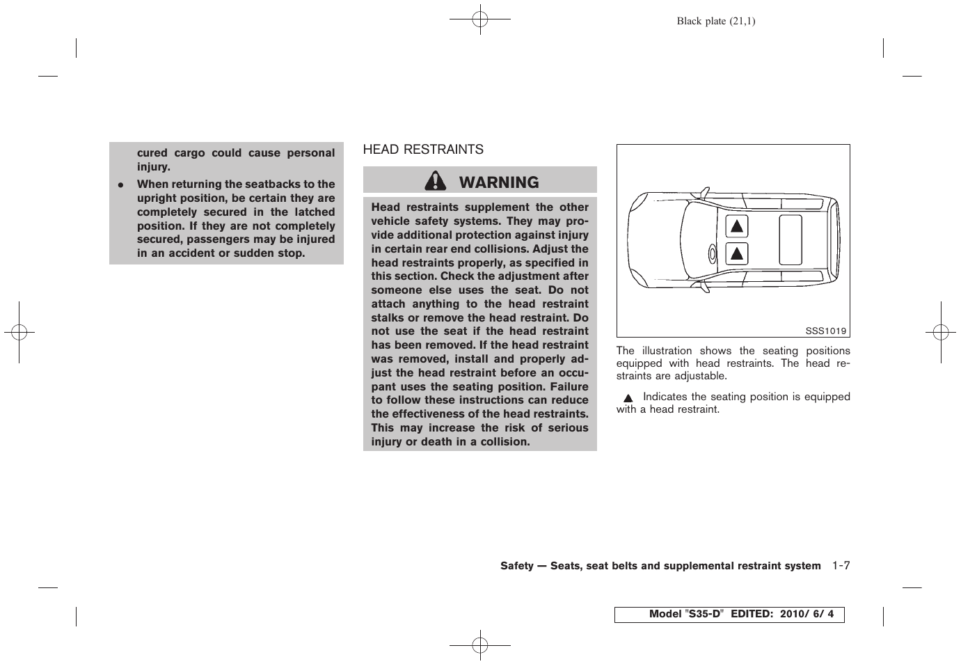 Head restraints -7, Warning | NISSAN 2011 Rogue - Owner's Manual User Manual | Page 23 / 369
