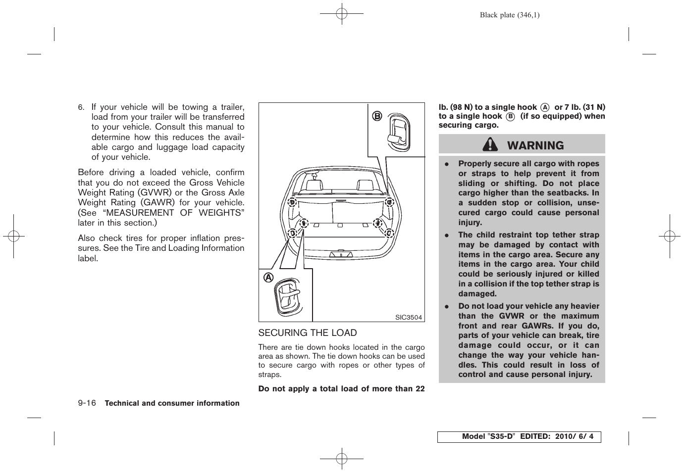 Securing the load -16, Warning | NISSAN 2011 Rogue - Owner's Manual User Manual | Page 346 / 369