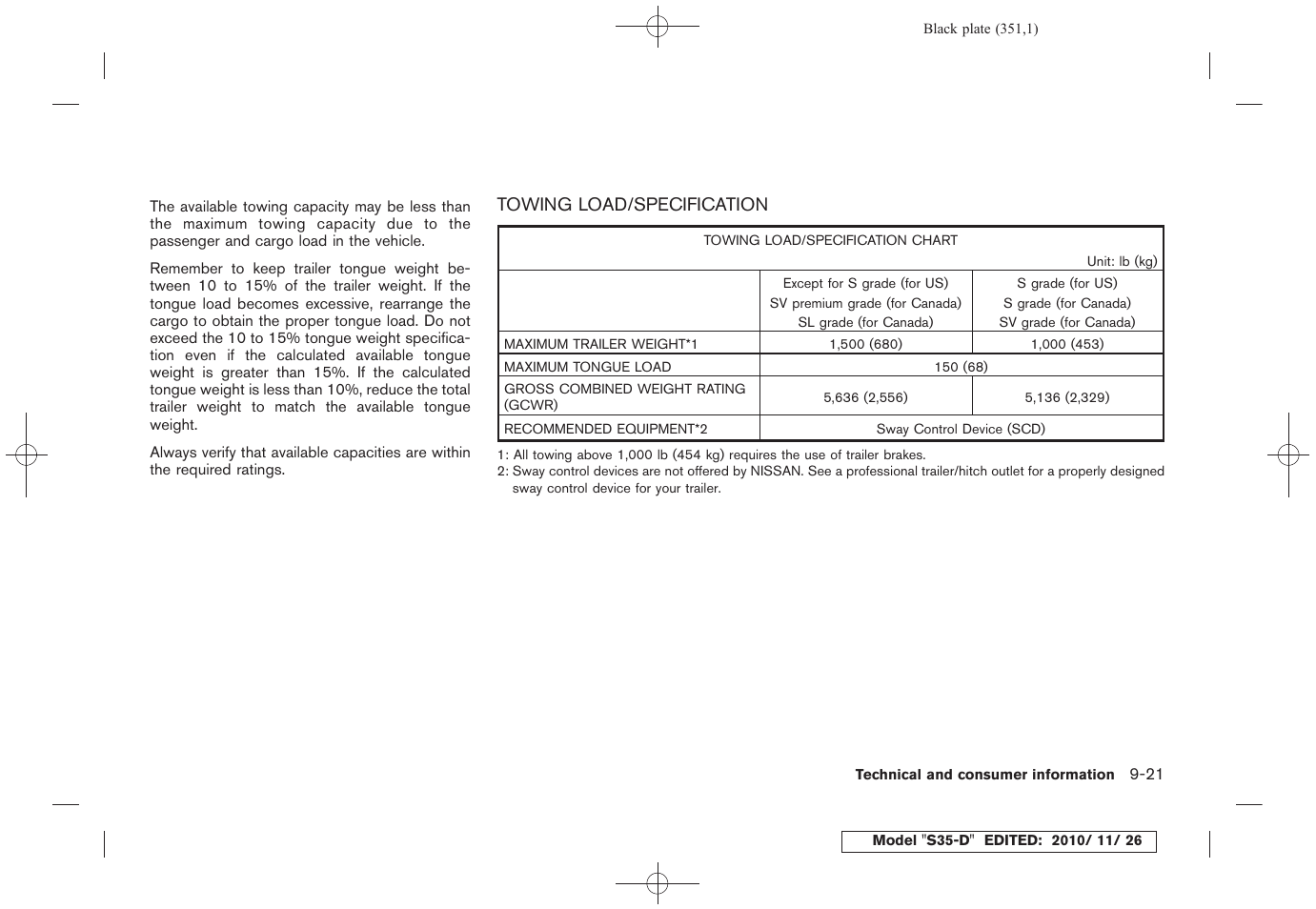 Towing load/specification -21 | NISSAN 2011 Rogue - Owner's Manual User Manual | Page 351 / 369