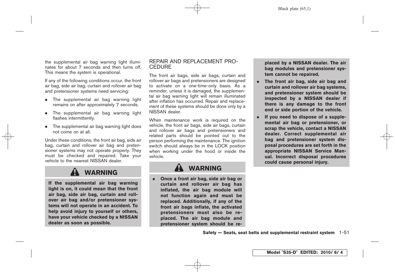 Repair and replacement procedure -51, Warning | NISSAN 2011 Rogue - Owner's Manual User Manual | Page 67 / 369