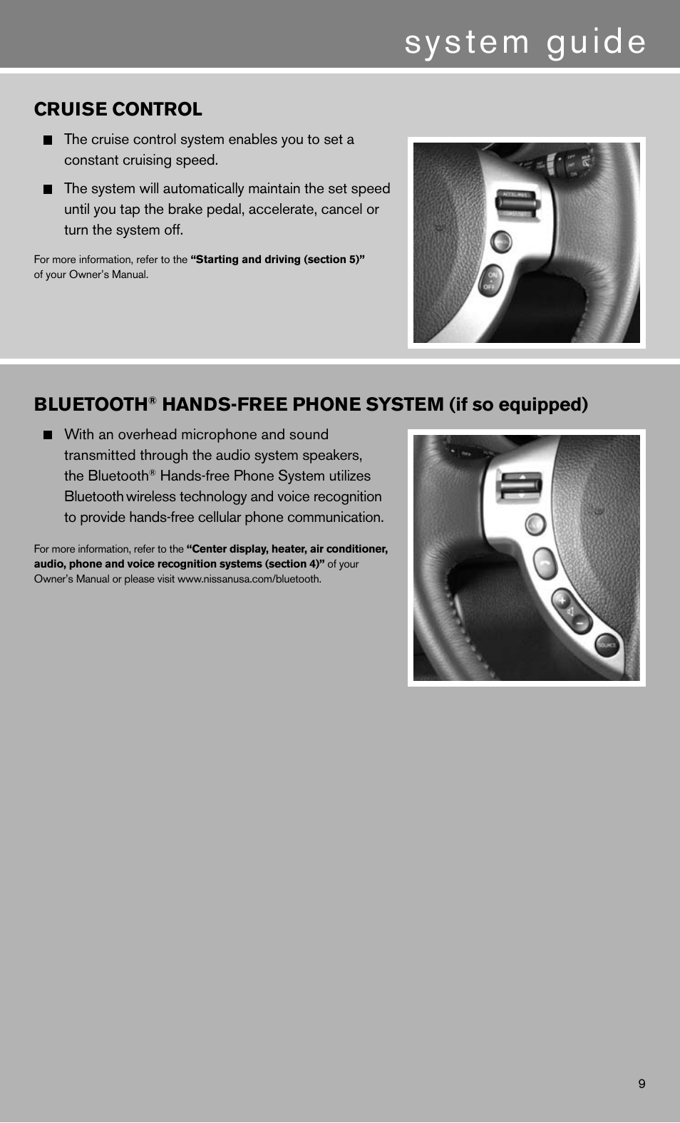 System guide, Bluetooth, Hands-free phone system (if so equipped) | Cruise control | NISSAN 2011 Rogue - Quick Reference Guide User Manual | Page 11 / 12