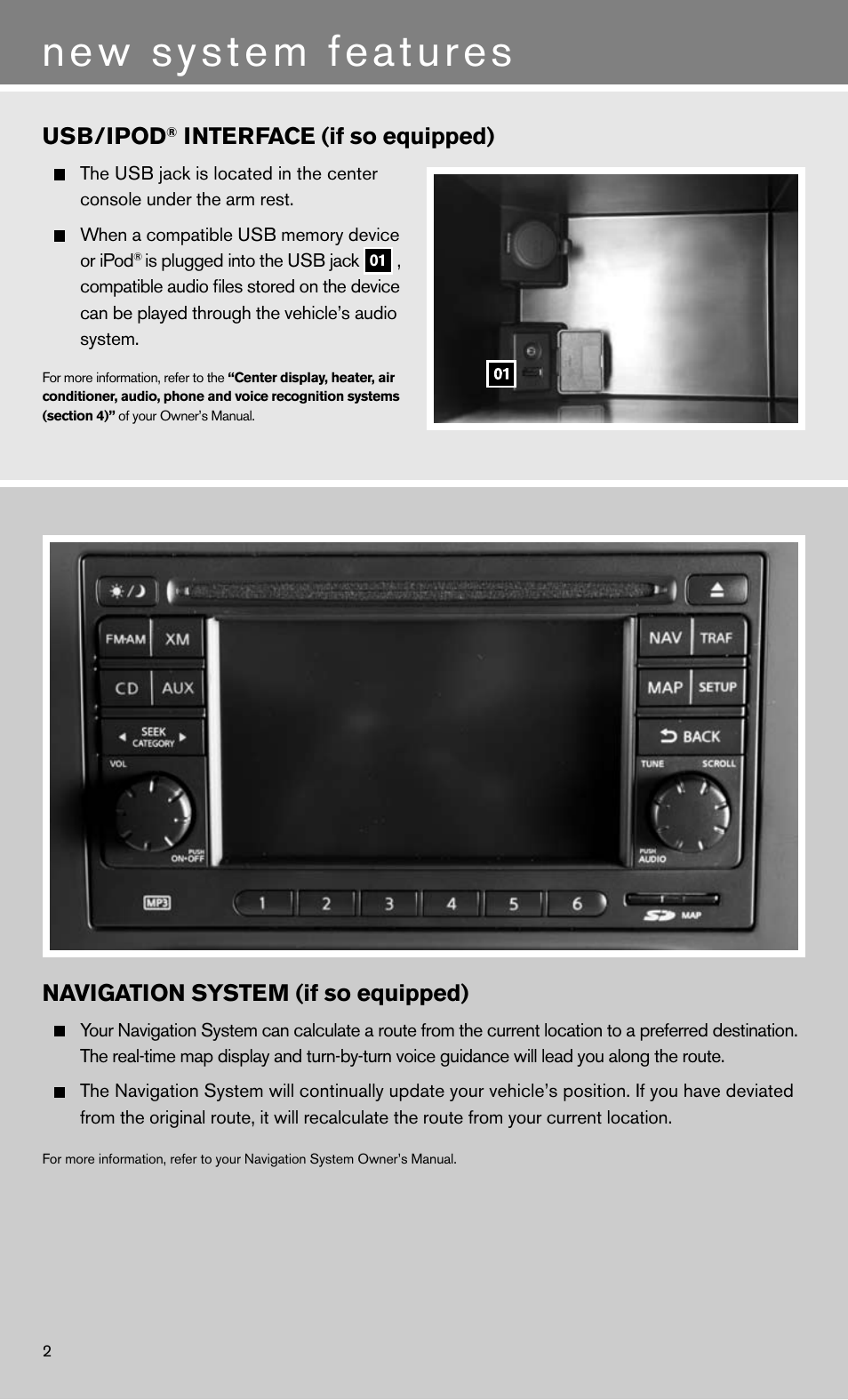 New system features, Usb/ipod, Interface (if so equipped) | Navigation system (if so equipped) | NISSAN 2011 Rogue - Quick Reference Guide User Manual | Page 4 / 12
