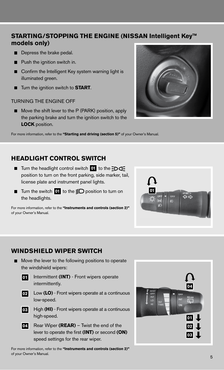 Headlight control switch, Windshield wiper switch | NISSAN 2011 Rogue - Quick Reference Guide User Manual | Page 7 / 12