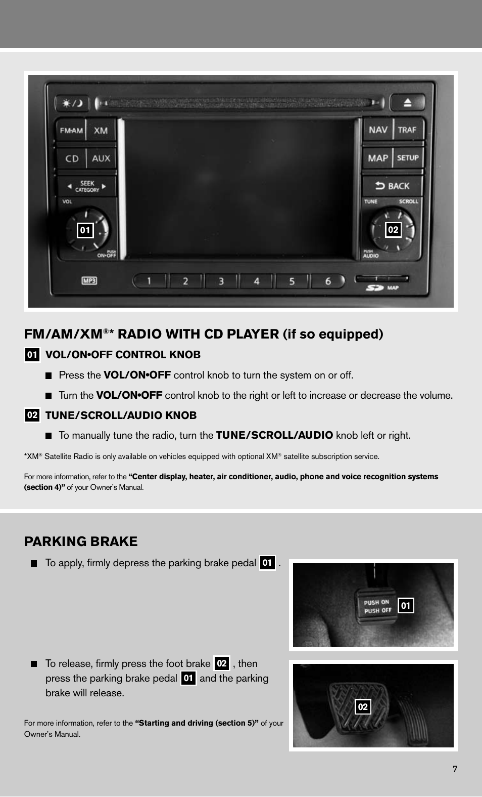 Fm/am/xm, Radio with cd player (if so equipped), Parking brake | NISSAN 2011 Rogue - Quick Reference Guide User Manual | Page 9 / 12