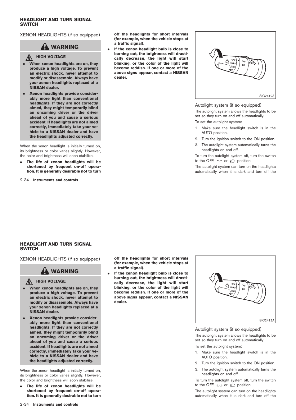 Headlight and turn signal switch -34, Xenon headlights (if so equipped) -34, Warning | NISSAN 2012 Rogue - Owner's Manual User Manual | Page 105 / 378