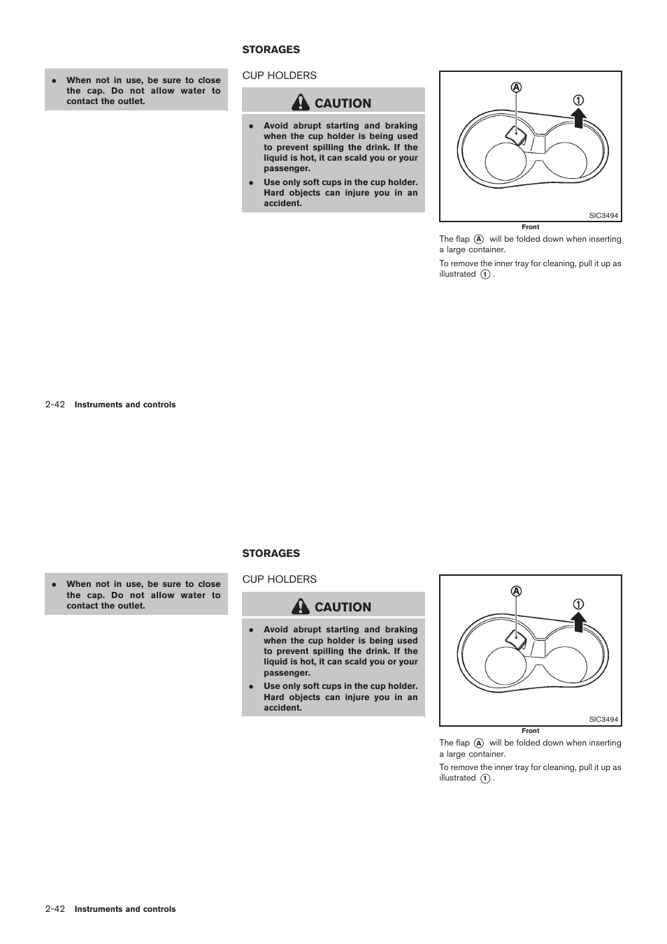 Storages -42, Cup holders -42, Caution | NISSAN 2012 Rogue - Owner's Manual User Manual | Page 113 / 378